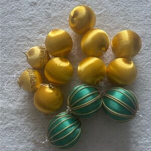 Vintage Gold and Green Christmas Silk Satin Thread Ornament Set